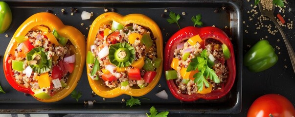 Vibrant stuffed bell peppers filled with nutritious ingredients, perfect for a healthy meal or colorful dish presentation.