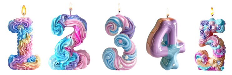 Number 1 2 3 4 5 as colorful candles celebration transparent background
