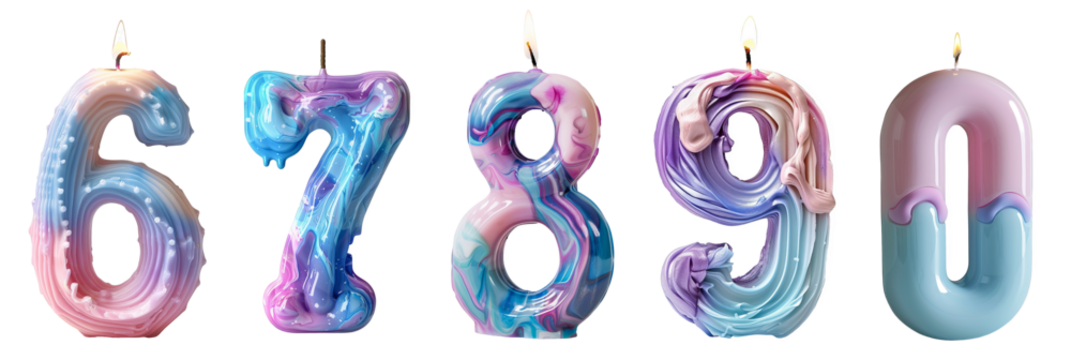 Number 6 7 8 9 0 as colorful candles celebration transparent background