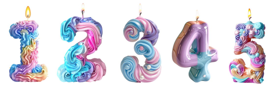 Number 1 2 3 4 5 as colorful candles celebration transparent background