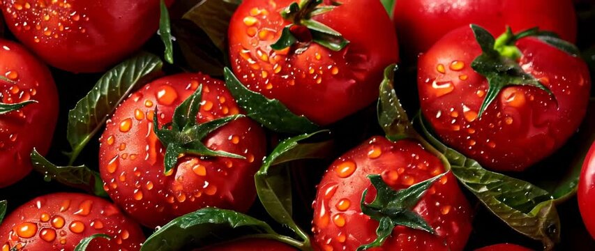  Red tomatos with leaves, closeup with top view, Red tomato patterns