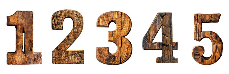 Number 1 2 3 4 5 as rustic wooden carved from timber transparent background
