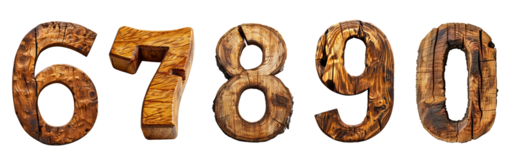 Number 6 7 8 9 0 as rustic wooden carved from timber transparent background