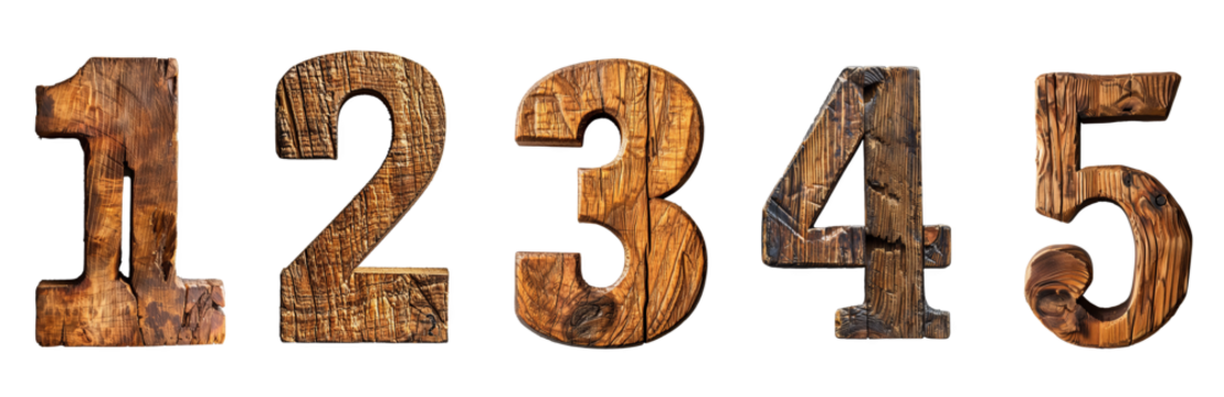 Number 1 2 3 4 5 as rustic wooden carved from timber transparent background