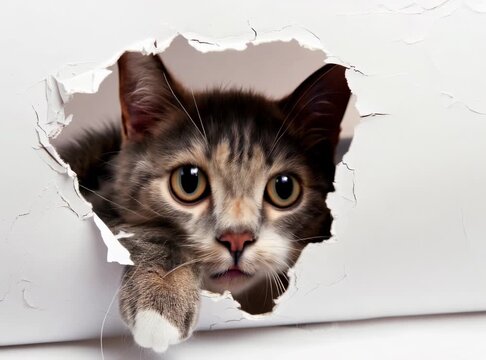 cat claws marks on white background, with hole in paper and cute scottish fold cat peeking from behind the torn edge of ripped hole