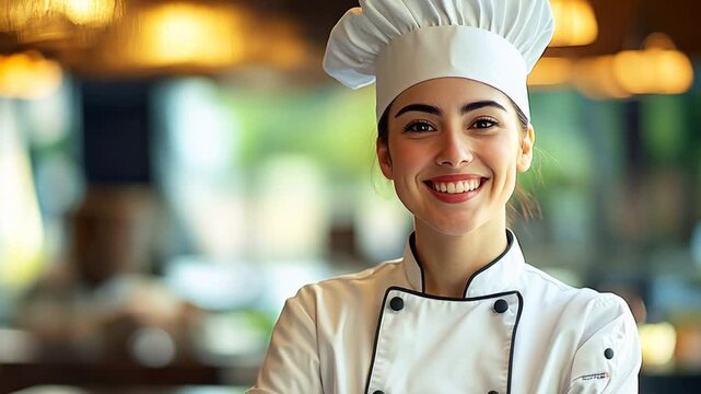 A smiling female chef in a city restaurant, showcasing her culinary skills and friendly demeanor