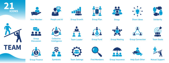 Team icon. Set of flat icons on teamwork, business, people, office work, unity, artificial intelligence, finance