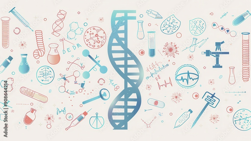 Poster a double helix dna strand stands at the center, surrounded by icons representing various fields of m