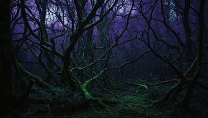 Obraz premium Enter the spooky forest with twisted branches casting eerie shadows in green and purple. Perfect for halloween designs, adding a touch of fear and mystery. Captivating backdrop for a dark aesthetic