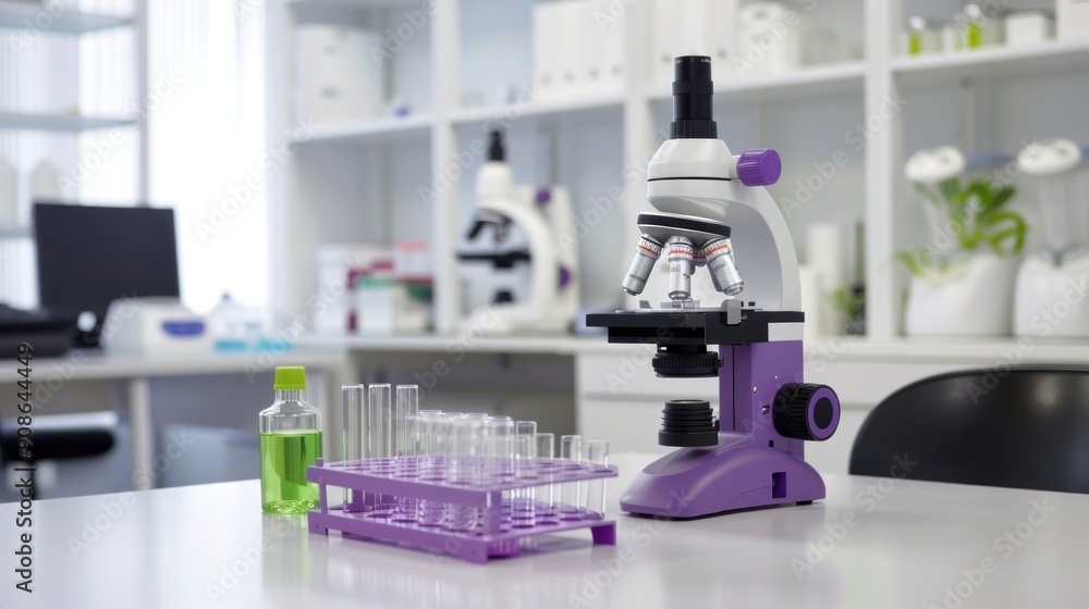 Poster microscope and test tubes on a white table in a lab