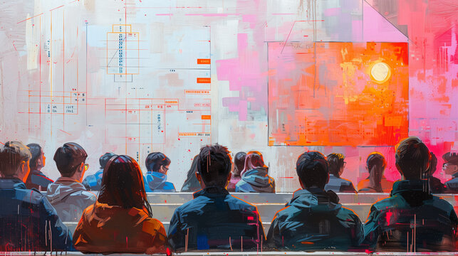 &eacute;tudiants en classe &agrave; l'universit&eacute;, peinture minimaliste g&eacute;om&eacute;trique avec effets math&eacute;matiques pour &eacute;cole d'ing&eacute;nieur, facult&eacute;, math&eacute;matique, logique, physique, informatique, sciences appliqu&eacute;e