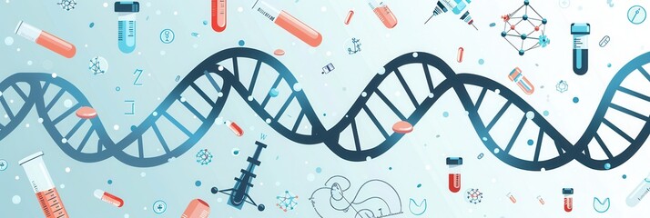A double helix DNA strand is illustrated among various medical icons, including microscopes, test tubes, and stethoscopes, symbolizing genetic research and healthcare. Generative AI