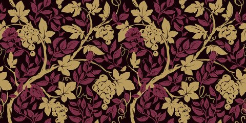 Traditional pattern with grape vine and rosehip branches with flowers. Seamless pattern, botanical background, vector illustration, freehand drawing.	