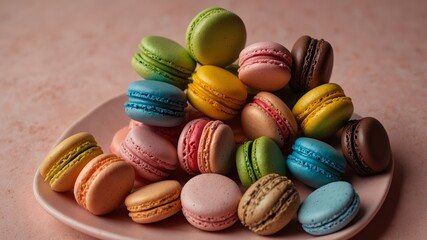 Obraz premium colorful macarons arranged neatly on a pastel pink ceramic plate