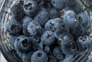 American blueberries in a transparent glass with water. Washing berries. Healthy eating. Vitamins.
