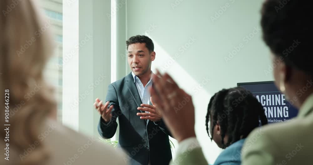 Poster man, presentation and meeting for team question in office, support and employee engagement. male per