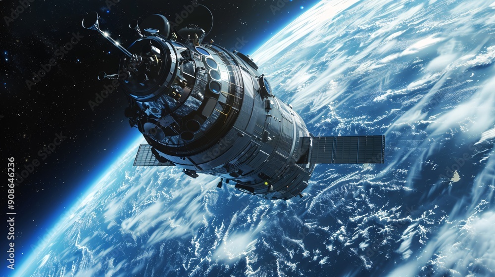 Wall mural incredible 3d rendering of a space station orbiting a planet with stunning digital imagery in good q