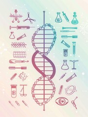A double helix DNA strand is illustrated among various medical icons like test tubes and microscopes, showcasing the intersection of science and health. Generative AI