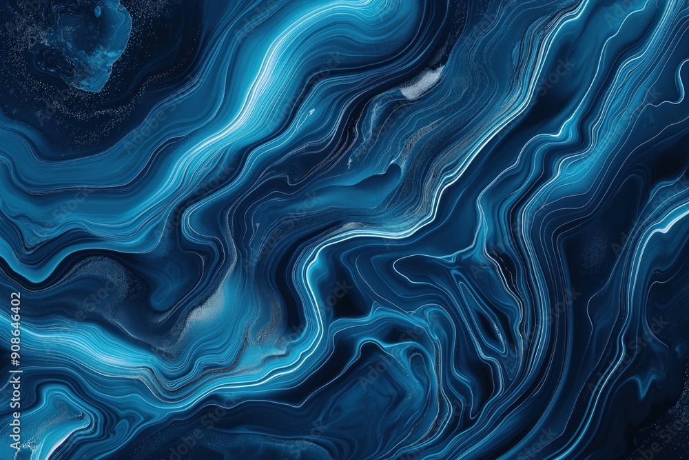 Poster close-up of vibrant blue marble surface with intricate pattern. abstract texture features fluid curv