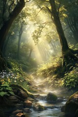 Mystical Dawn in Enchanted Forest: Serene Stream, Ancient Trees, Vibrant Flowers, 8K Resolution