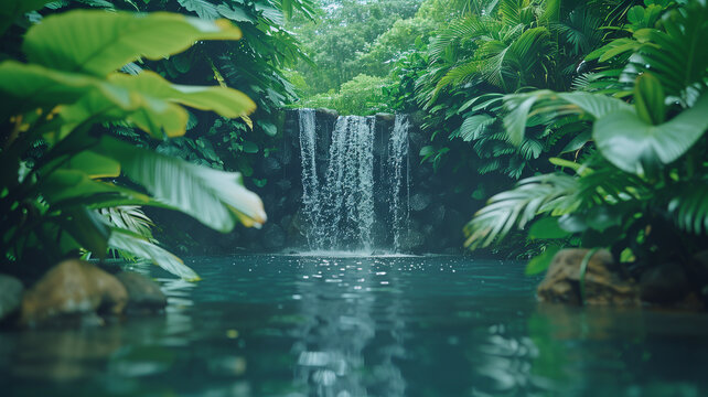 A serene waterfall in a lush jungle, surrounded by vibrant greenery and mist