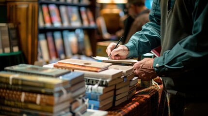 Busy Author Signing Books at Literary Event with Pile of Books on Table