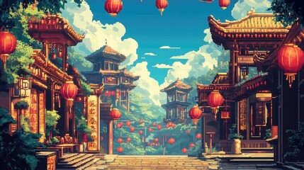 Obraz premium 8-bit pixel art scene of a Chinese street with festive lanterns and a temple for Lunar New Year.