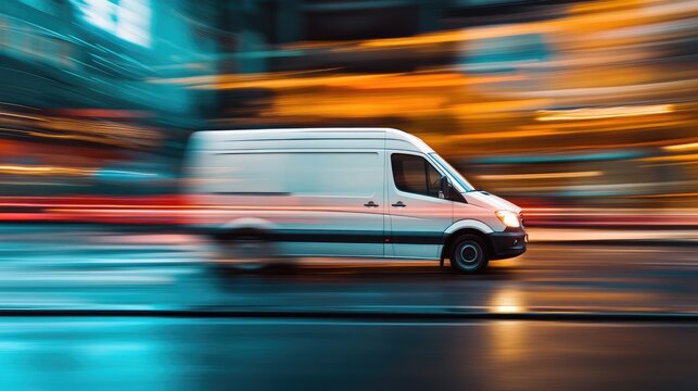 Abstract background with a fast delivery van in motion, highlighting quick service.