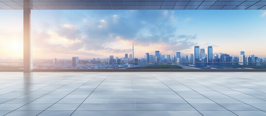 Large empty square floor and city skyline with buildings in the background