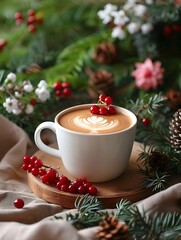 Fototapeta premium cup of cappuccino with latte art standing on a wooden board, surrounded by christmas decorations and red berries. Xmas cozy atmosphere with warm beverage; morning relaxation