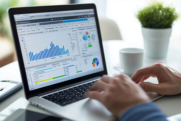 SEO Specialist Conducting Keyword Research: Digital Marketing Professional Analyzing Data on Laptop. Strategic Online Optimization Expert Enhancing Website Visibility and Search Engine Rankings.