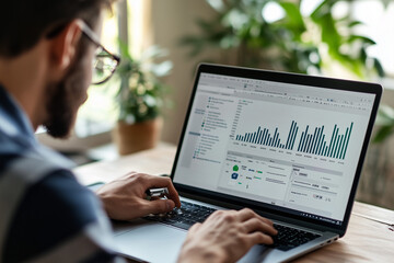 SEO Specialist Conducting Keyword Research: Digital Marketing Professional Analyzing Data on Laptop. Strategic Online Optimization Expert Enhancing Website Visibility and Search Engine Rankings.