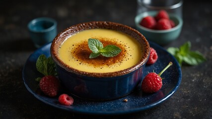 creme brulee on a dark blue ceramic plate