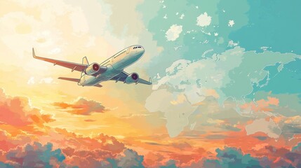 Naklejka premium A flat illustration depicting an airplane flying across a bright, sunny sky with a colorful world map in the background. The image represents the excitement of traveling to various destinations
