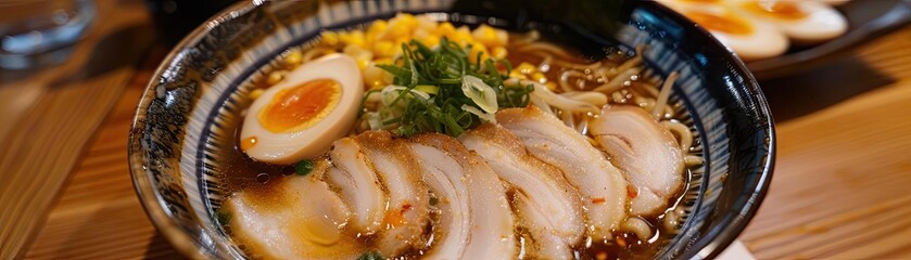 Delicious ramen bowl with tender slices of pork, soft-boiled egg, green onions, and a rich broth, perfect for food lovers.