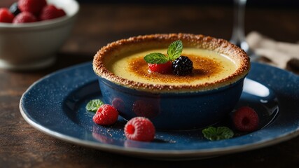 creme brulee on a dark blue ceramic plate