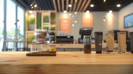 Modern Cafe Interior with Wooden Countertop