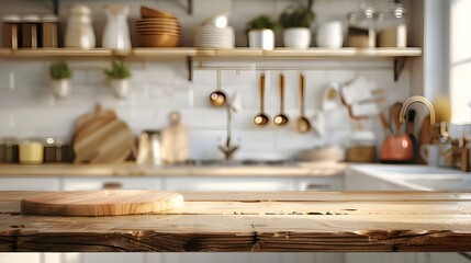 Wooden Kitchen Countertop with Blurred Background