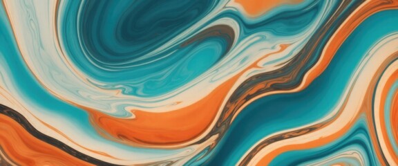 Luxurious marbling Brown, paint swirls in beautiful teal and orange colors abstract background with waves