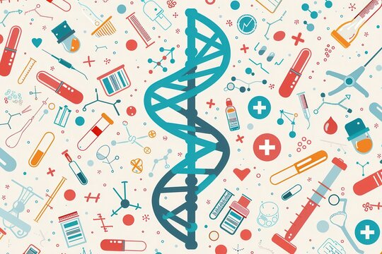 A vibrant double helix DNA strand is encircled by various medical icons, showcasing the intersection of genetics and healthcare. Generative AI
