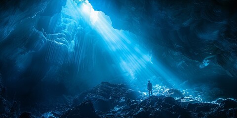 Cave exploration with a man and a beam of light.