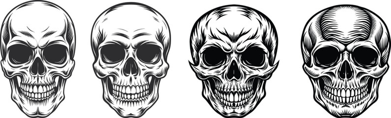 Fototapeta premium Skull head, face. Vector silhouette and linocut.