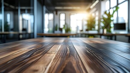 Wooden Table in Modern Office with Blurred Background