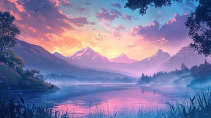 Beautiful anime-style nature background, featuring colorful landscapes and peaceful vibes.