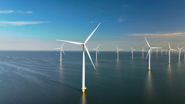 Enjoy the stunning aerial view of the offshore windmills in the Netherlands, vital for renewable energy and a testament to modern engineering and innovation in this booming sector