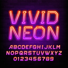 Obraz premium Vivid Neon alphabet font. Colorful bright neon letters, numbers and symbols. Stock vector typescript for your design.