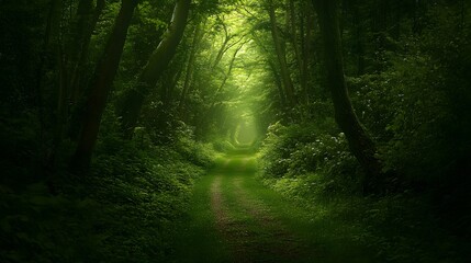 Obraz premium Secluded forest trail with a wall of dense trees, soft, diffused sunlight through the canopy, deep green foliage, tranquil and immersive natural setting