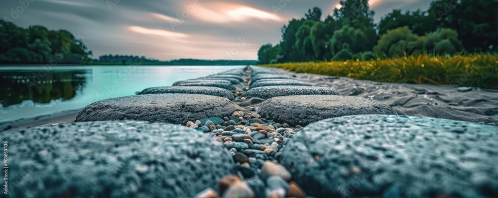 Poster scenic view of a stone pathway leading to tranquil water, surrounded by lush greenery under a cloudy