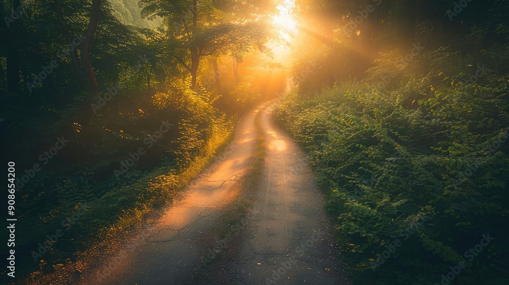 Aufkleber a winding forest path bathed in golden sunlight, surrounded by lush greenery, creating a serene and 