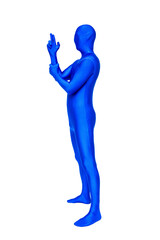 Mysterious blue man in blue suit shows the firing of guns